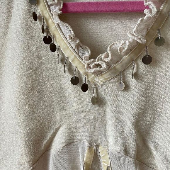 Vintage Y2K sand yellow sheer mesh beaded top M - Picture 2 of 8